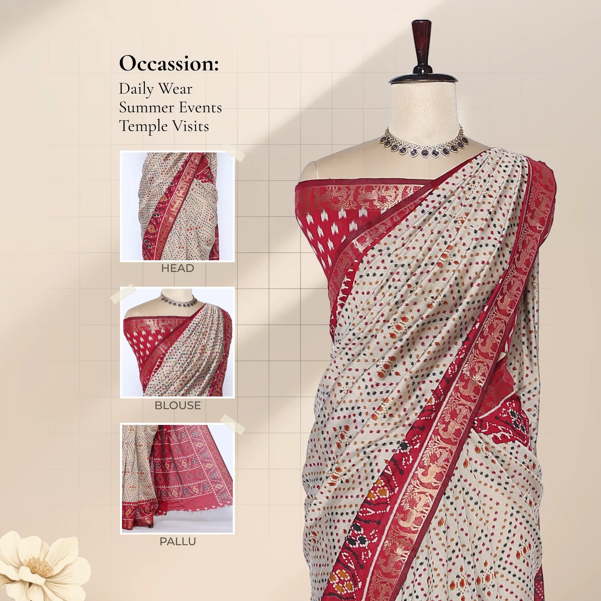 Cream Semi Chanderi Saree with Butti Print Floral Zari Border and Contrast Pink Blouse on Mannequin - Front View