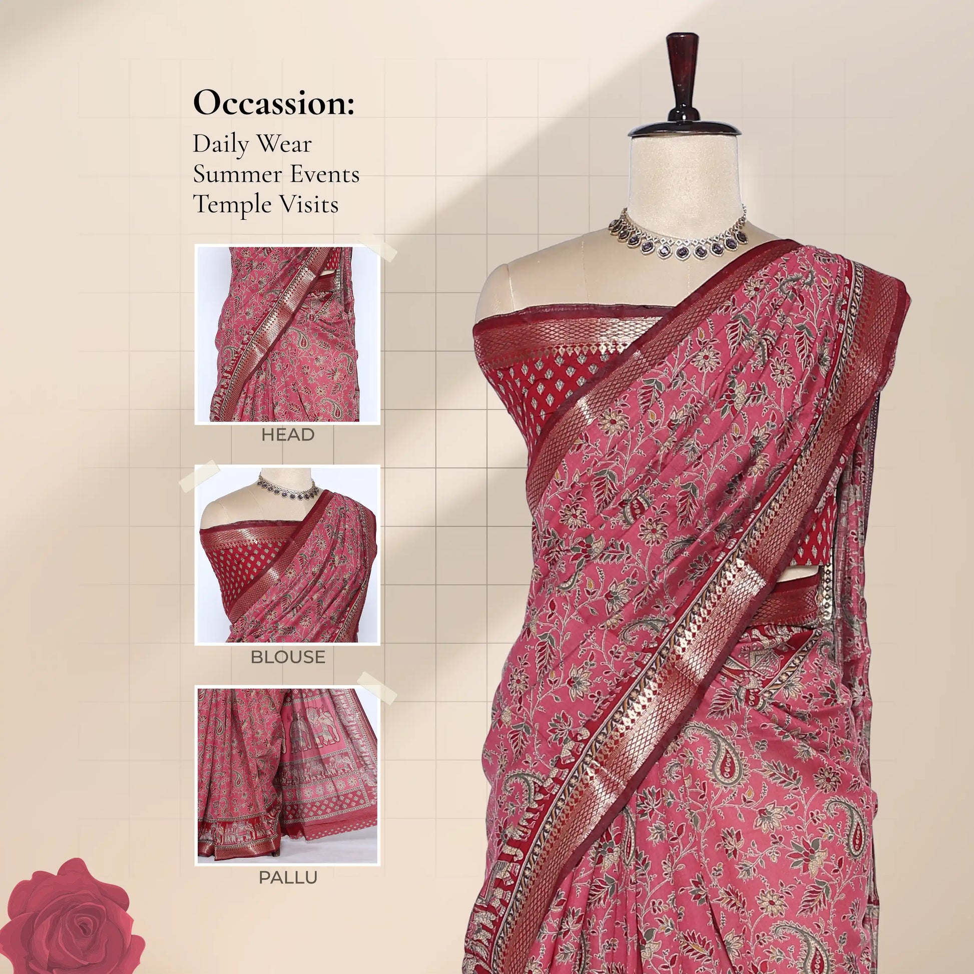 Semi Chanderi saree with gold zari border and floral print in pink front view on mannequin for daily wear