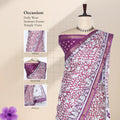 Semi Chanderi saree with floral vine print and broad zari woven border in pink and purple front view on mannequin