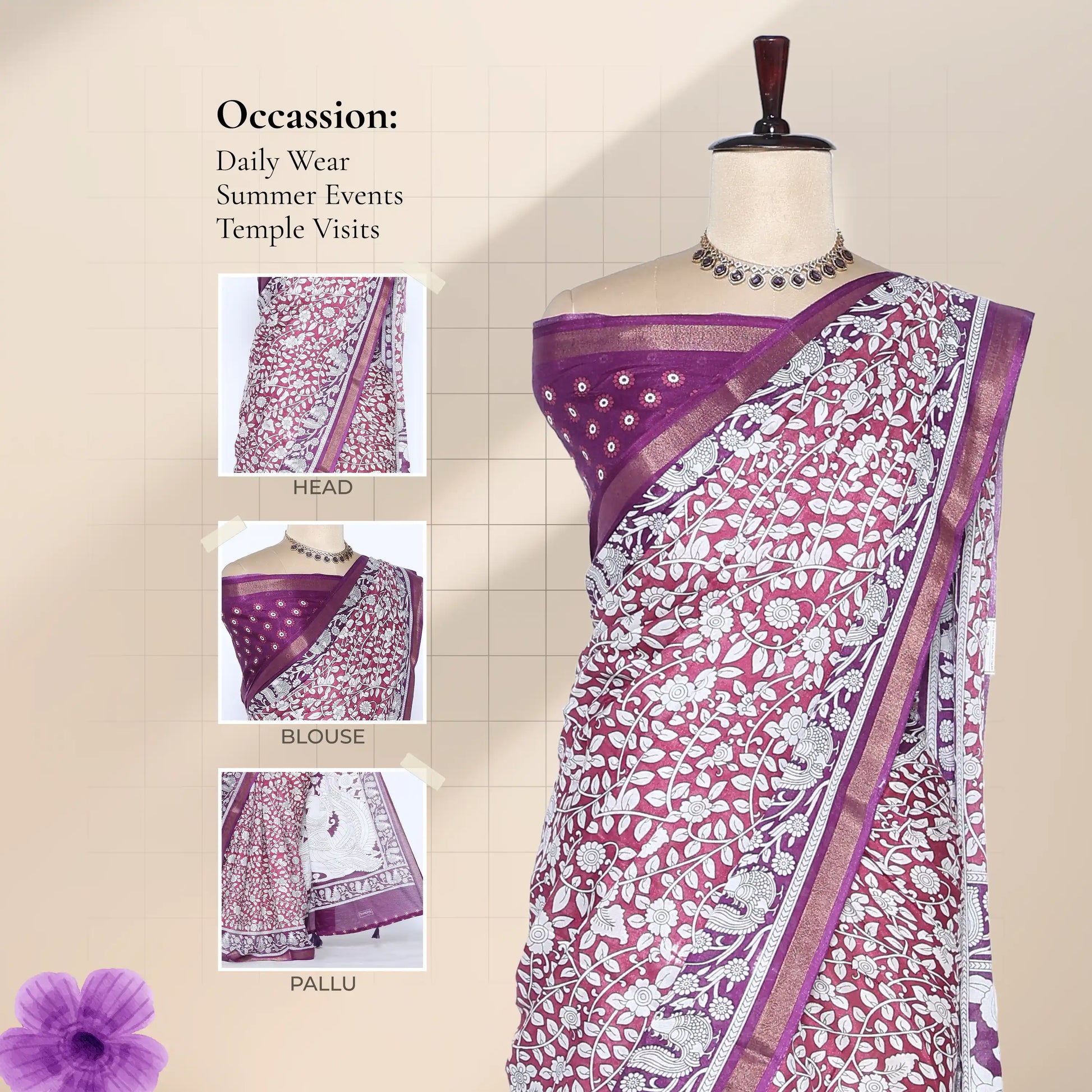 Semi Chanderi saree with floral vine print and broad zari woven border in pink and purple front view on mannequin