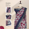 Semi Chanderi saree with pink floral print and navy zari border front drape view on mannequin with blouse and pallu details