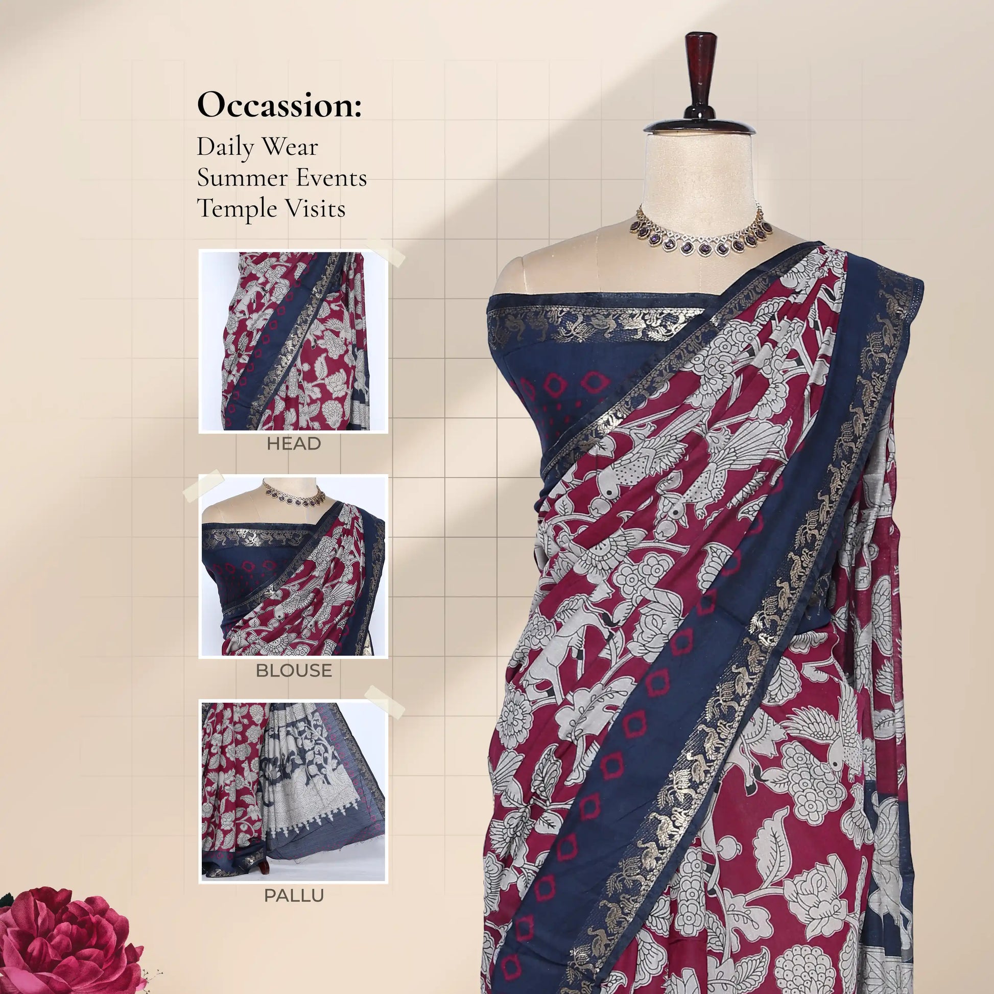 Semi Chanderi saree with pink floral print and navy zari border front drape view on mannequin with blouse and pallu details