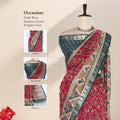 Semi Chanderi saree with floral vine print contrast zari woven border and decorative pallu front drape view on mannequin