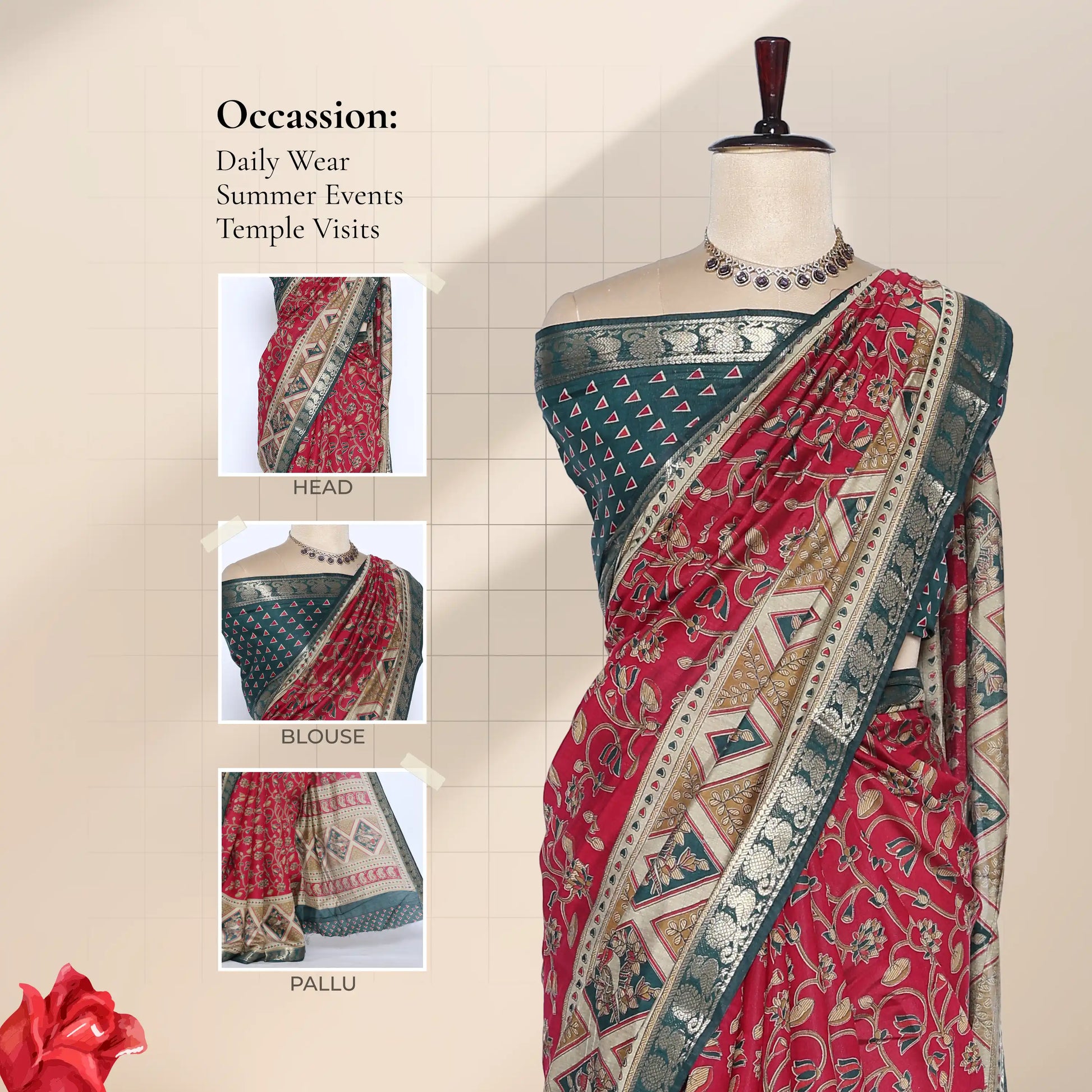 Semi Chanderi saree with floral vine print contrast zari woven border and decorative pallu front drape view on mannequin
