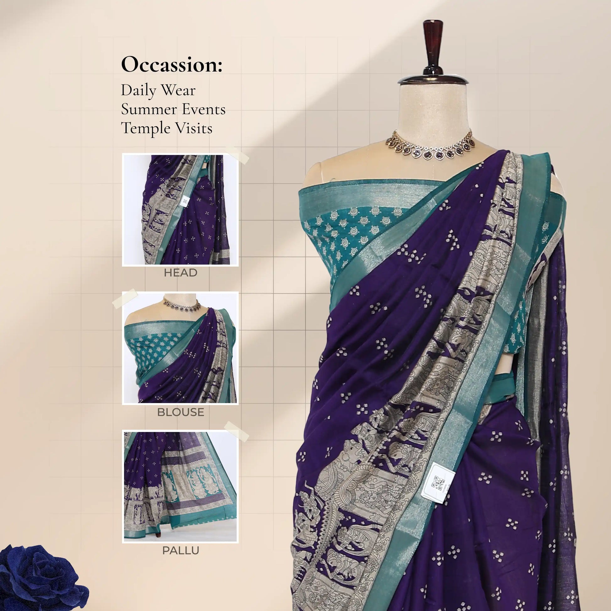 Purple Semi Chanderi Saree with Peacock & Floral Zari Border and Traditional Temple Art Print - Front View
