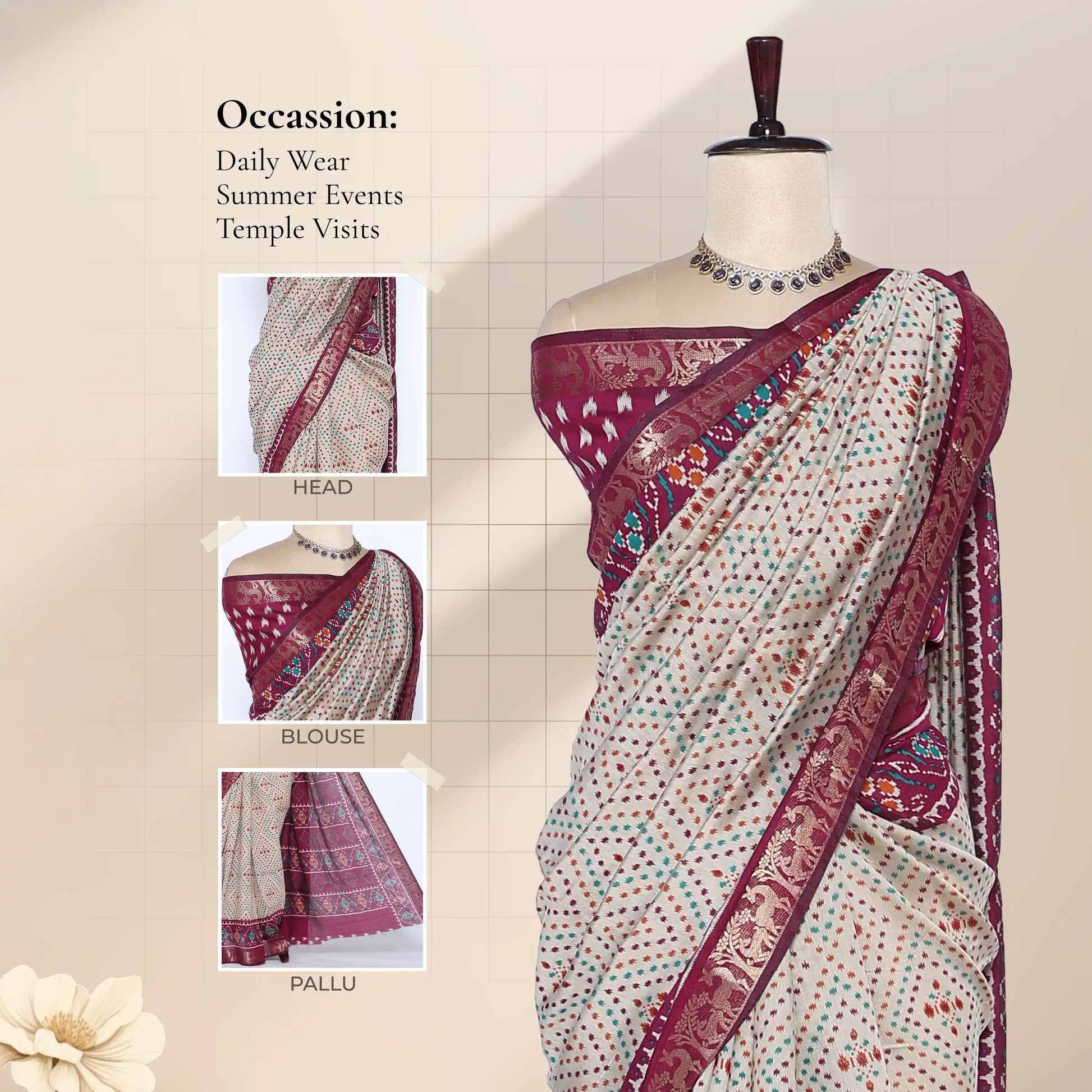 Cream Semi Chanderi Saree with Butti Print Floral Zari Border and Contrast Purple Blouse on Mannequin - Front View