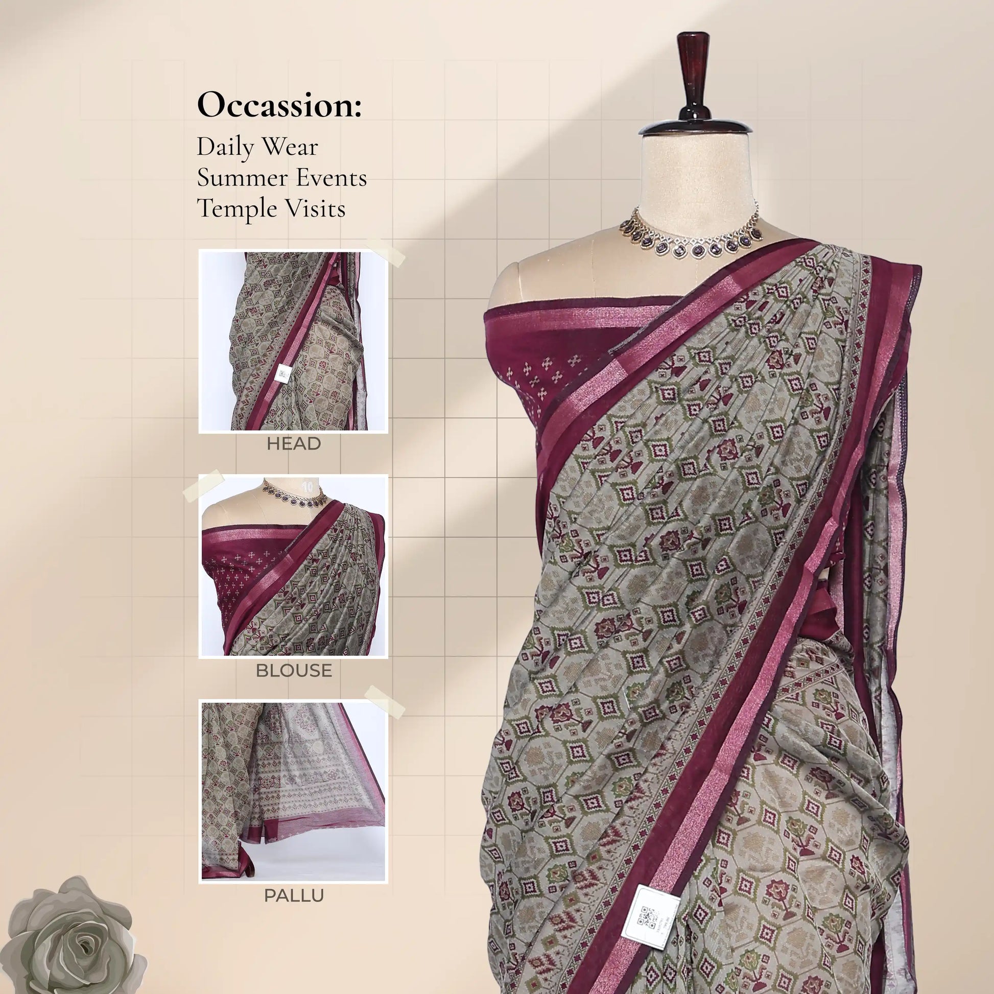 Grey Semi Chanderi Saree with Geometric Print and Purple Zari Border on Mannequin - Front View