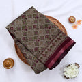Semi Chanderi Saree with geometric woven motifs purple contrast zari border grey body flat lay view