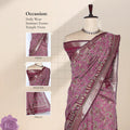 Semi Chanderi saree with gold zari border and floral print in purple front view on mannequin for daily wear