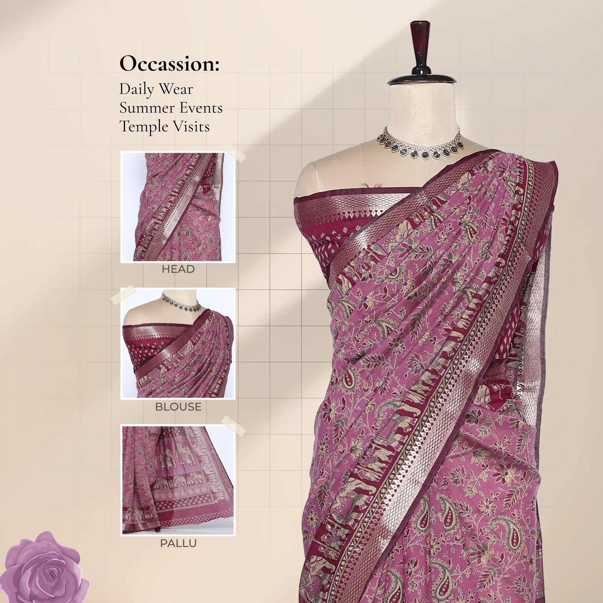 Semi Chanderi saree with gold zari border and floral print in purple front view on mannequin for daily wear
