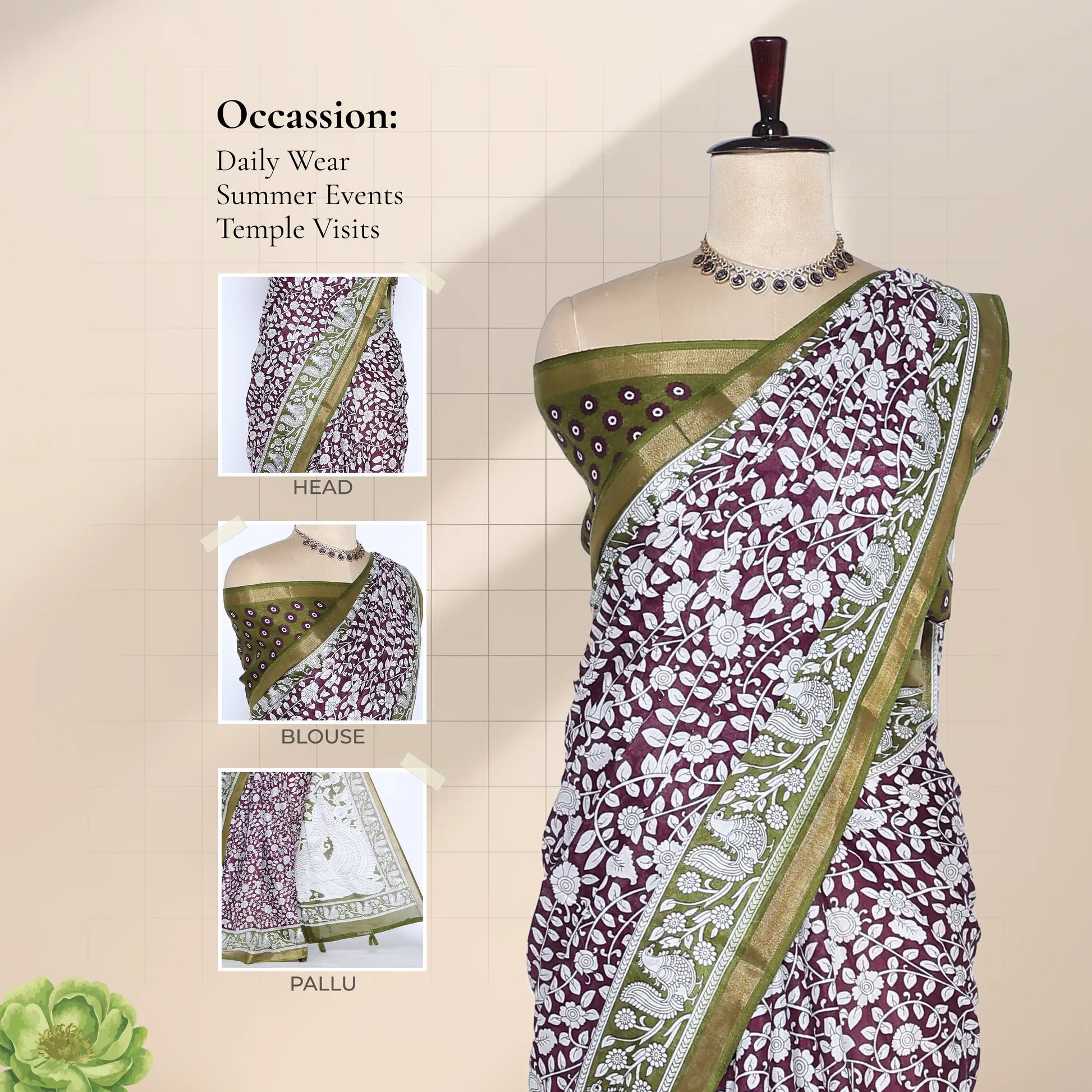 Semi Chanderi saree with floral vine print and broad zari woven border in purple and green front view on mannequin