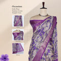 Semi Chanderi saree with cow motif print white and purple body purple woven border front view on mannequin