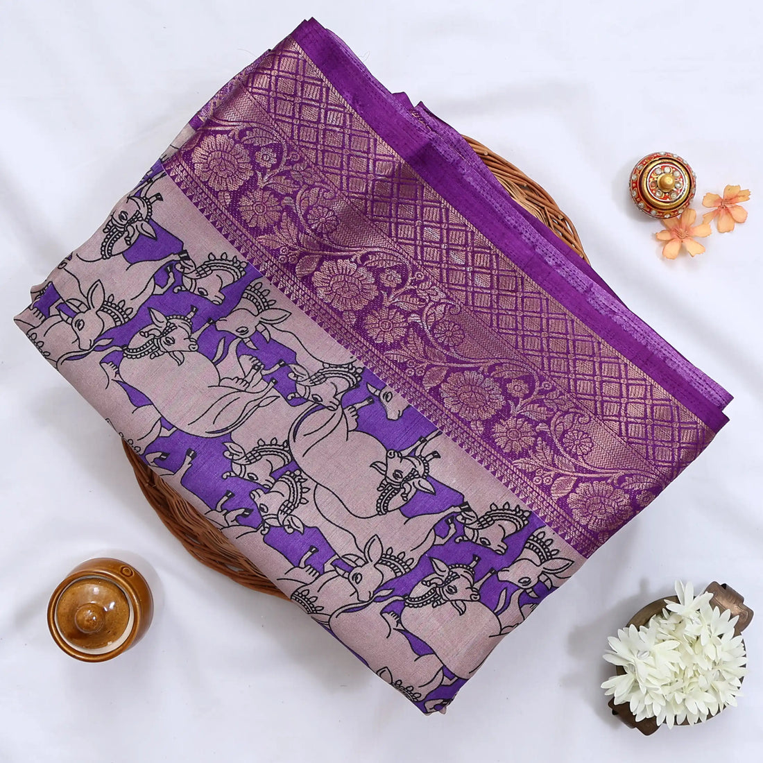 Purple Semi Chanderi Sarees for Women | Temple Visits & Summer Events Collection | Jeyachandran - Full View
