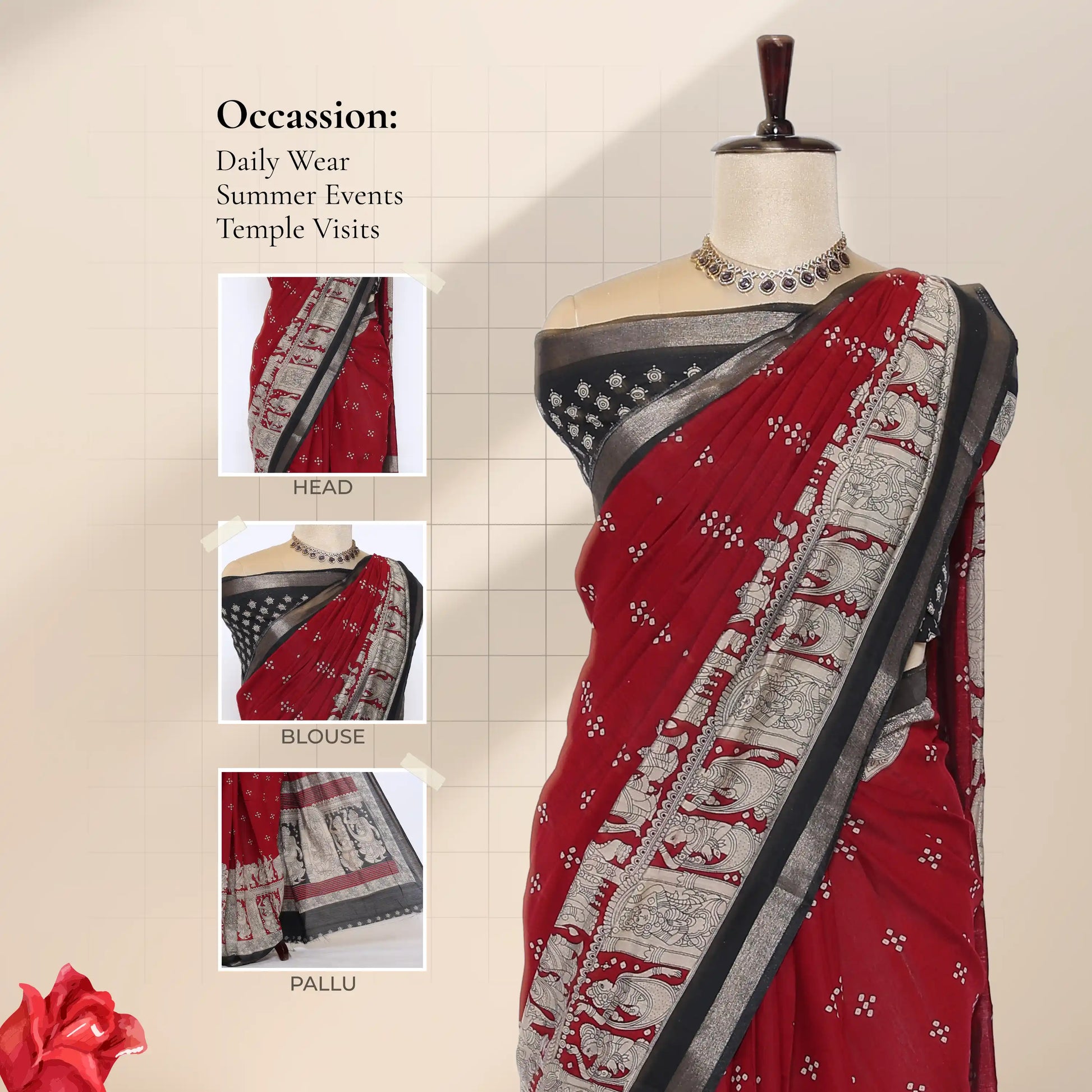 Red Semi Chanderi Saree with Peacock & Floral Zari Border and Traditional Temple Art Print - Front View
