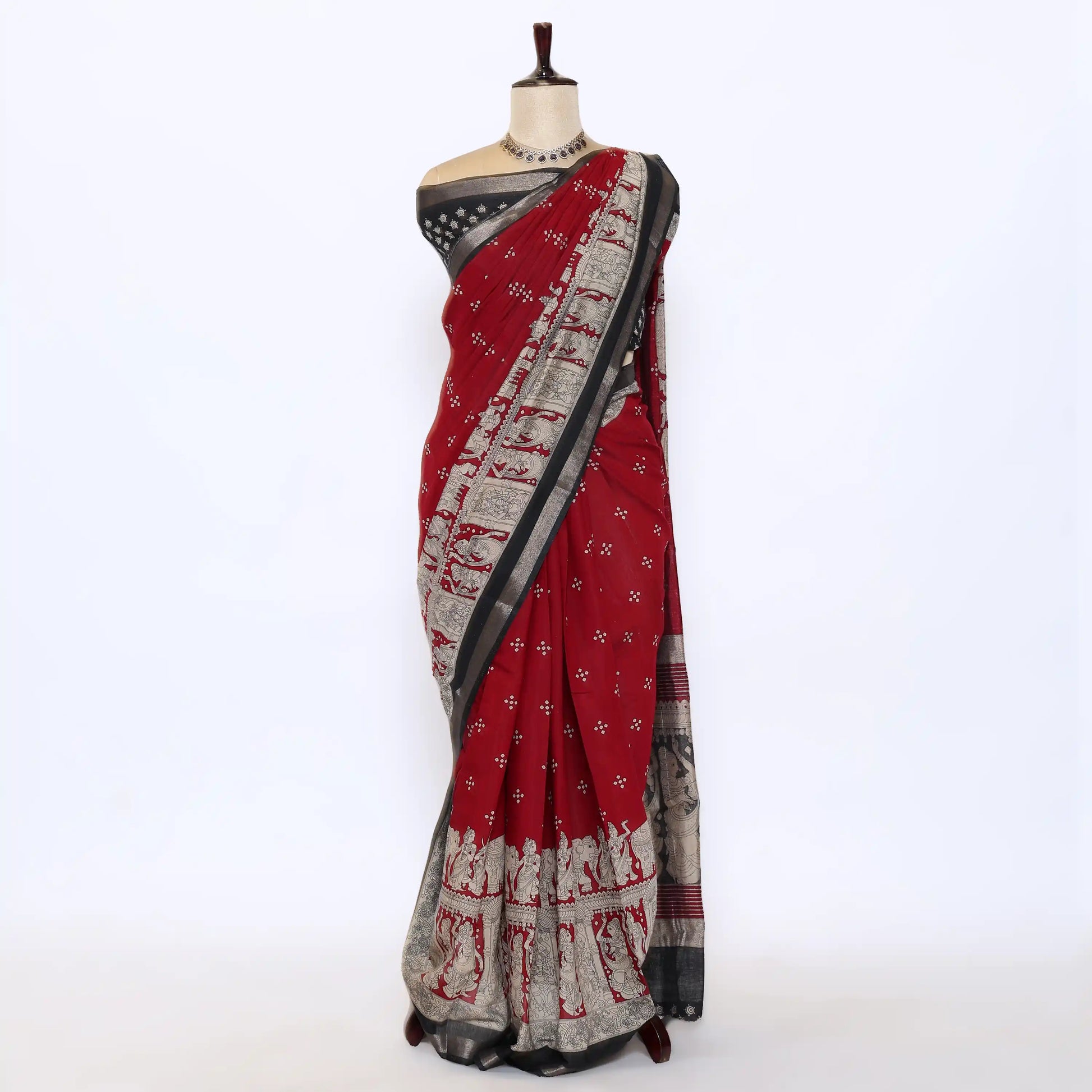 Red Semi Chanderi Sarees for Women | Temple Visits & Summer Events Collection | Jeyachandran - Full View
