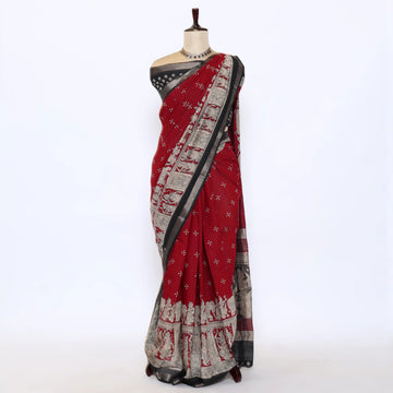 Red Semi Chanderi Sarees for Women | Temple Visits & Summer Events Collection | Jeyachandran - Full View
