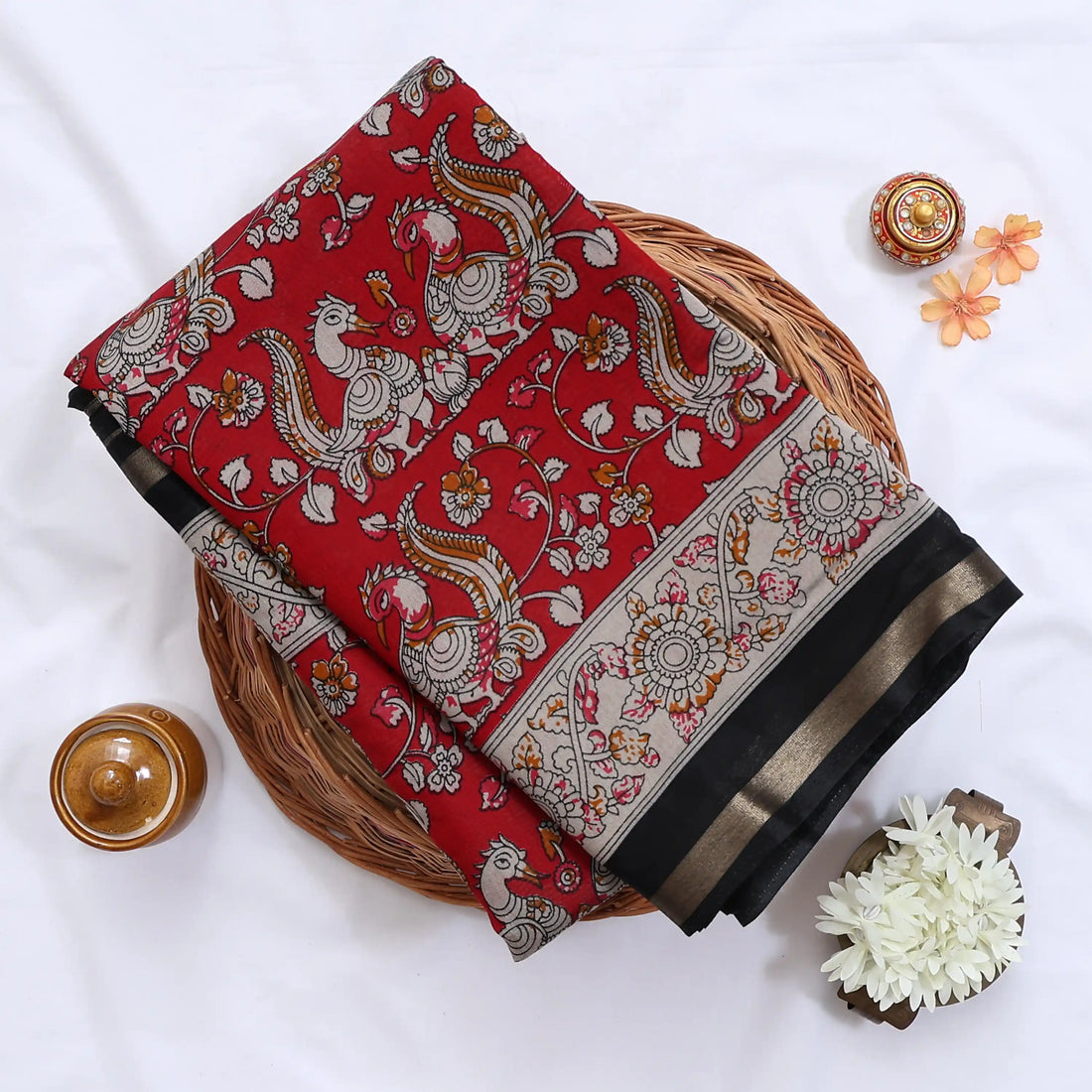 Red Semi Chanderi Sarees for Women | Temple Visits & Summer Events Collection | Jeyachandran - Full View
