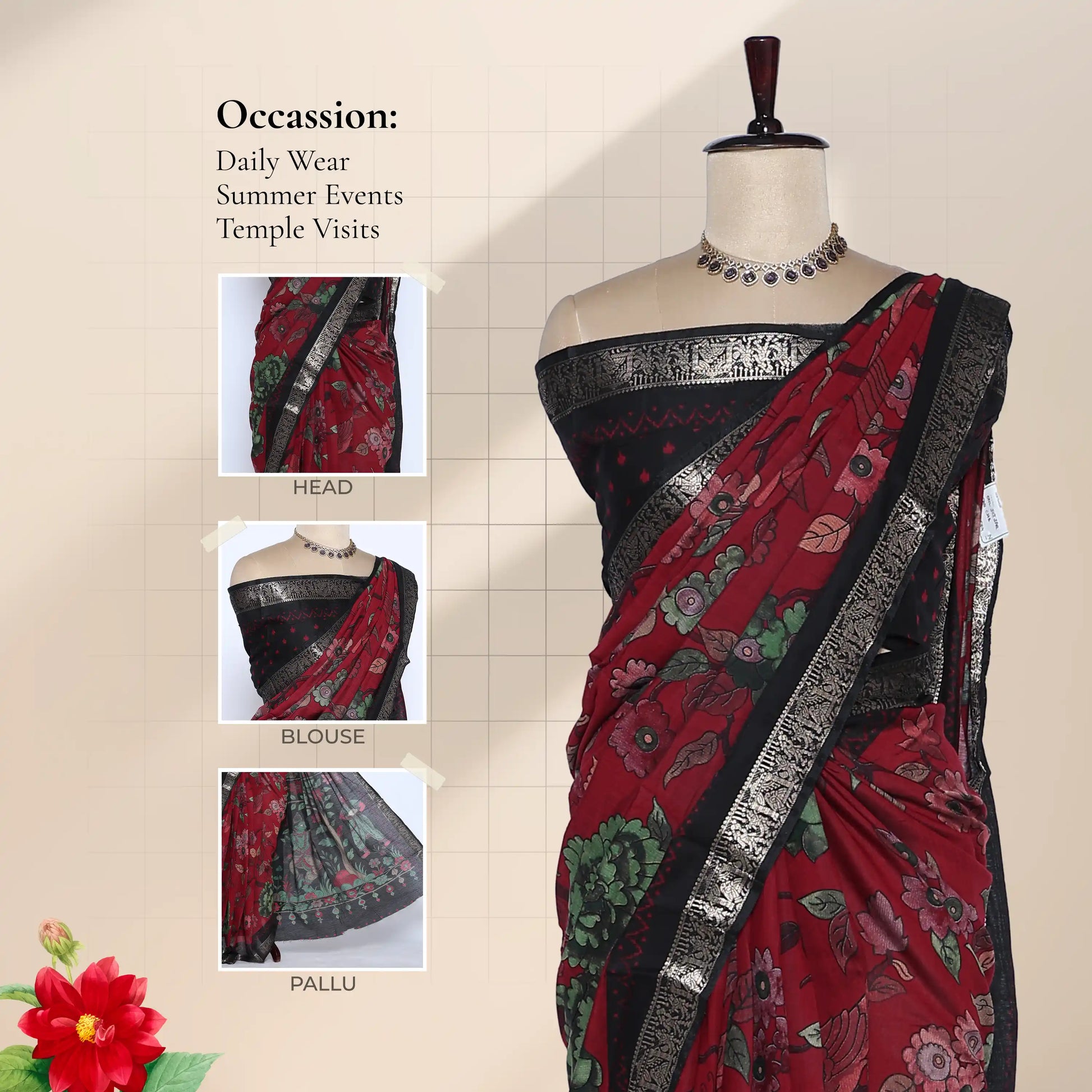 Red Semi Chanderi Saree with Floral Print and Elegant Woven Zari Border on Mannequin Front View