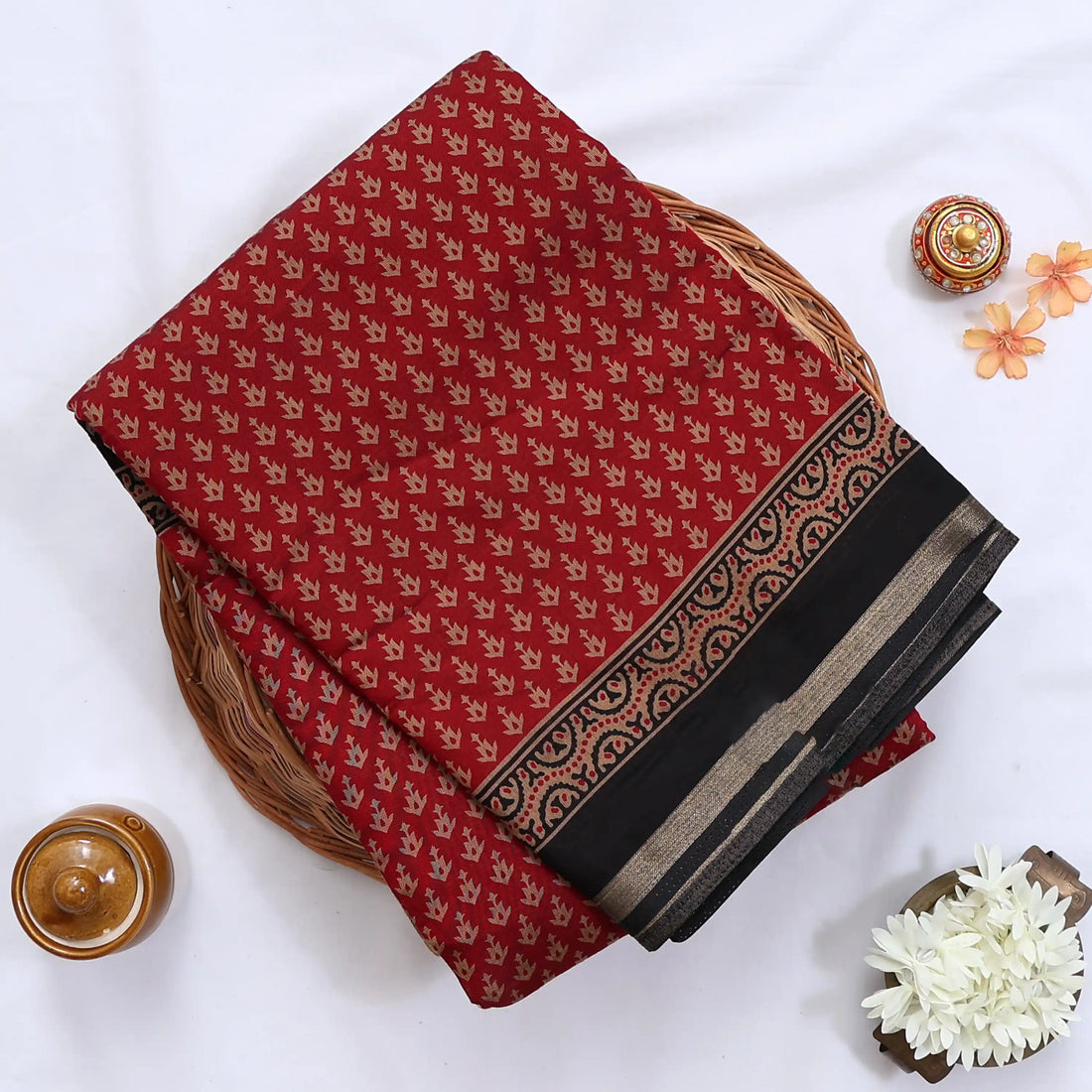 Red Semi Chanderi Sarees for Women | Temple Visits & Summer Events Collection | Jeyachandran - Full View
