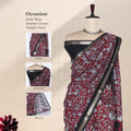 Red Semi Chanderi Saree with Floral Vine Print and Black Zari Border on Mannequin – Front View