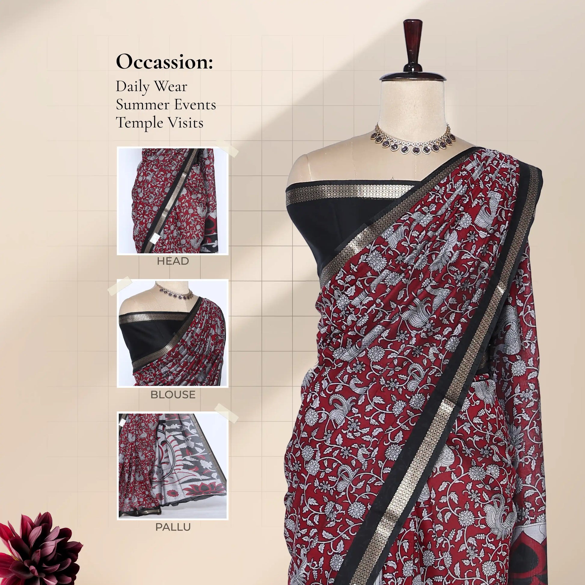 Red Semi Chanderi Saree with Floral Vine Print and Black Zari Border on Mannequin – Front View
