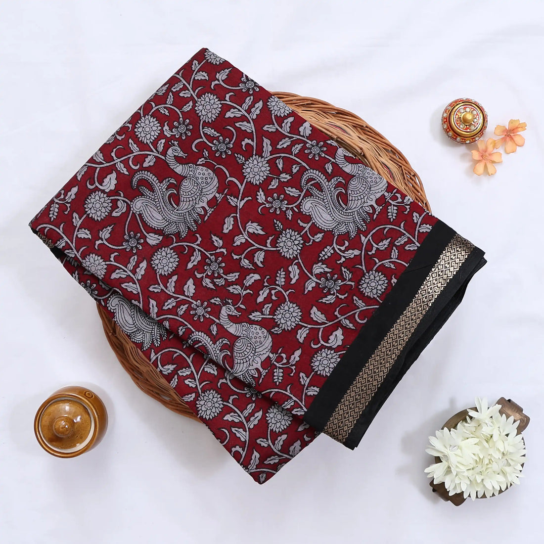 Red Semi Chanderi Sarees for Women | Temple Visits & Summer Events Collection | Jeyachandran - Full View
