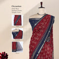 Semi Chanderi saree with woven buta pattern and broad zari border in red and navy blue front view on mannequin