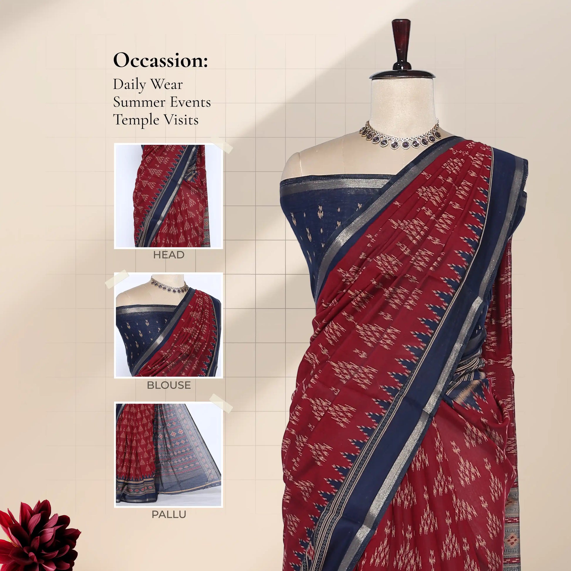 Semi Chanderi saree with woven buta pattern and broad zari border in red and navy blue front view on mannequin
