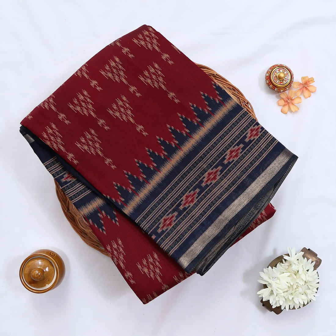 Red Semi Chanderi Sarees for Women | Temple Visits & Summer Events Collection | Jeyachandran - Full View
