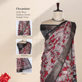 Semi Chanderi saree with cow motif print white and red body black woven border front view on mannequin