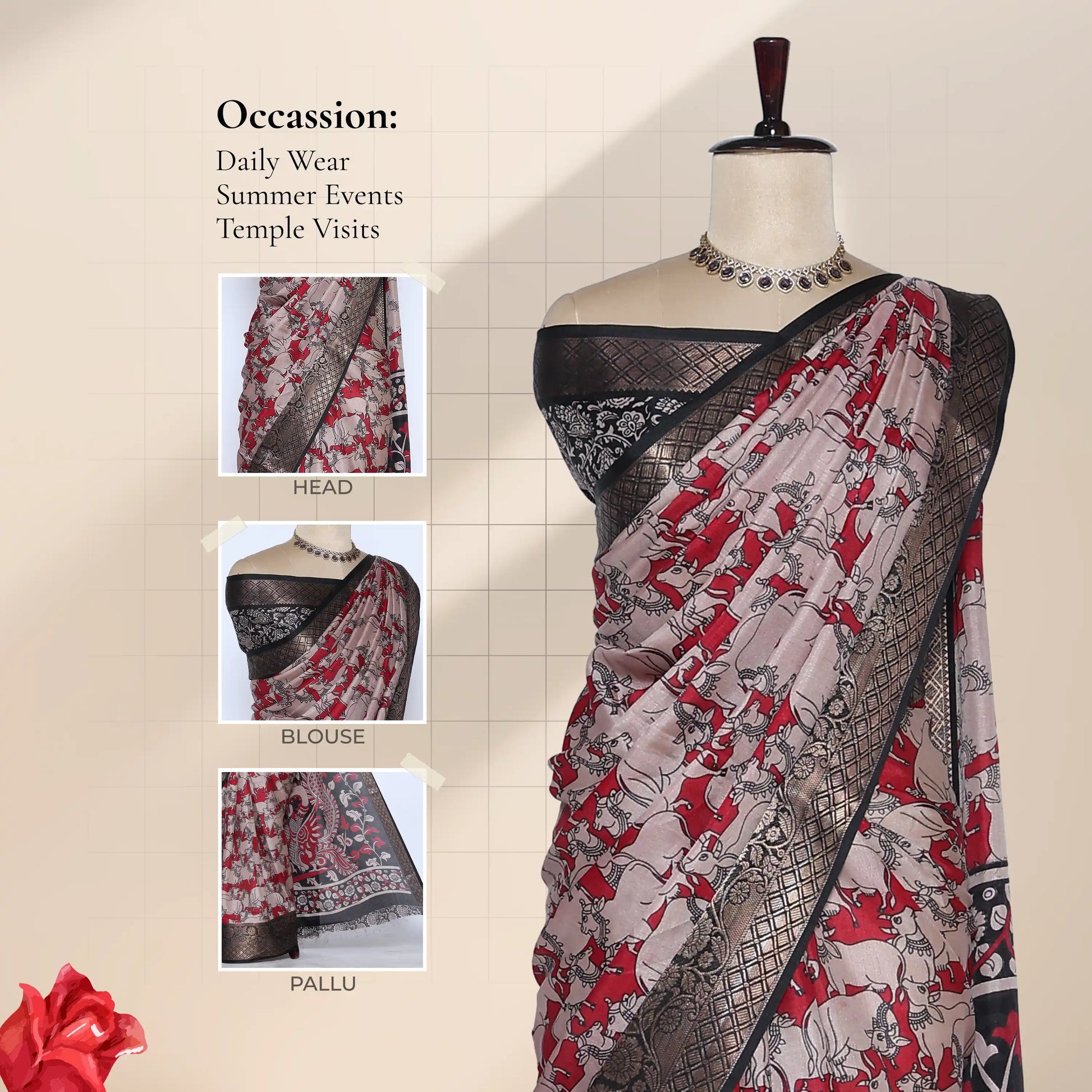 Semi Chanderi saree with cow motif print white and red body black woven border front view on mannequin