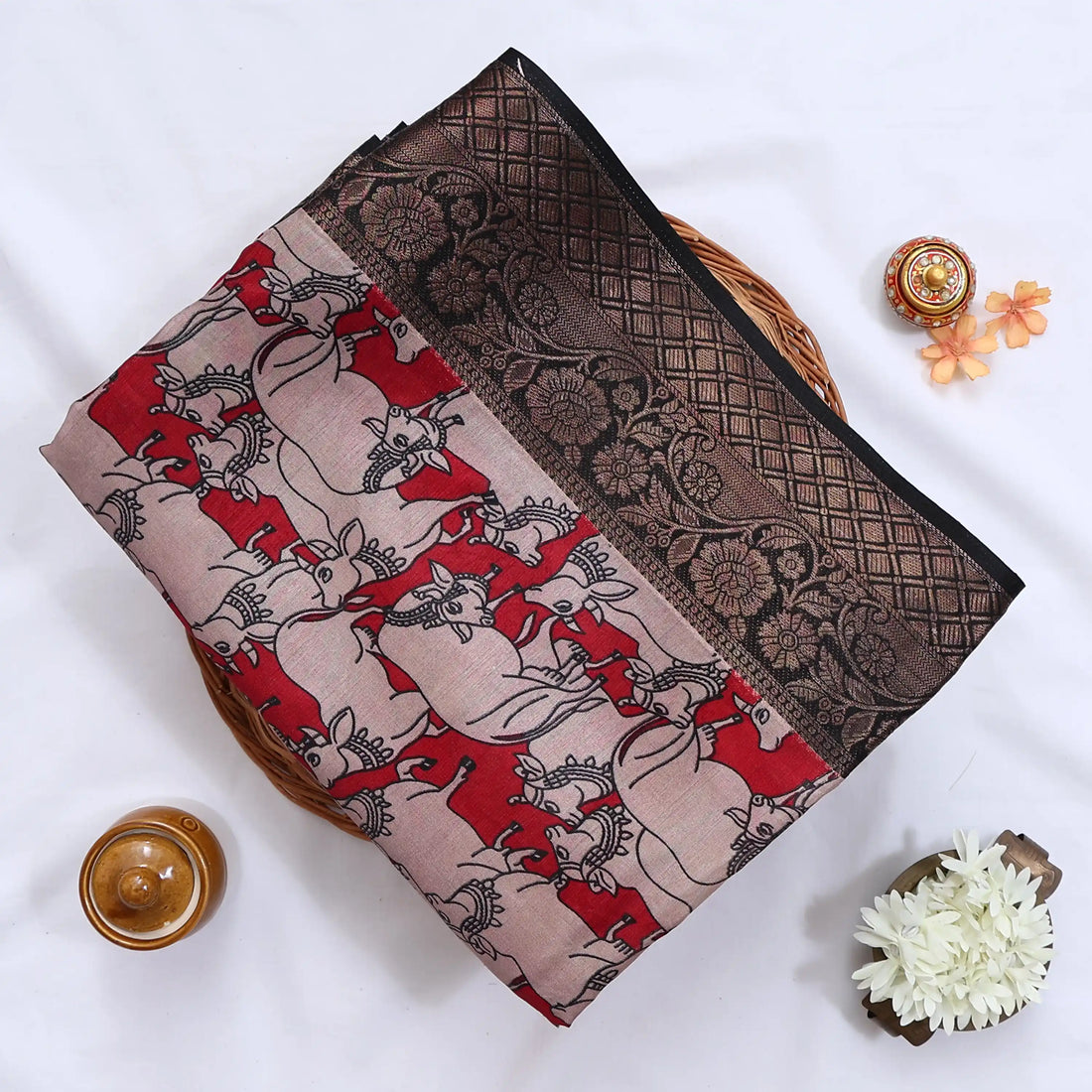 Red Semi Chanderi Sarees for Women | Temple Visits & Summer Events Collection | Jeyachandran - Full View
