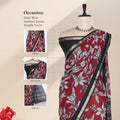 Semi Chanderi saree with large floral print red body and black zari border front view on mannequin