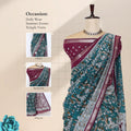Teal Semi Chanderi Saree with Floral Vine Print and Zari Border on Mannequin - Front View