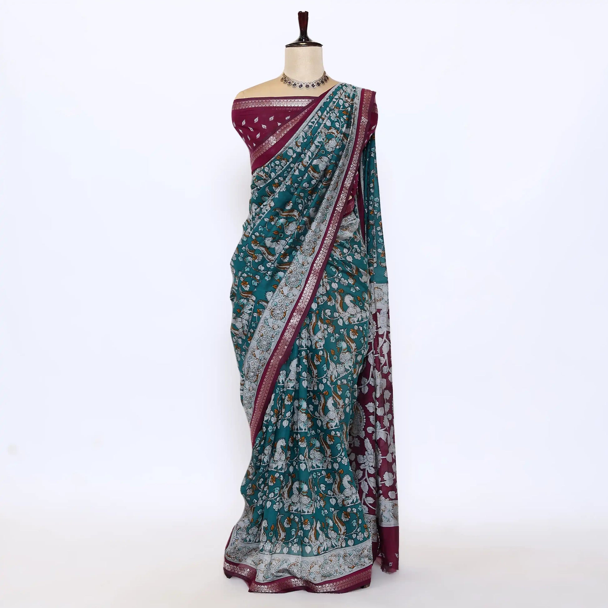 Teal Semi Chanderi Sarees for Women | Temple Visits & Summer Events Collection | Jeyachandran - Full View
