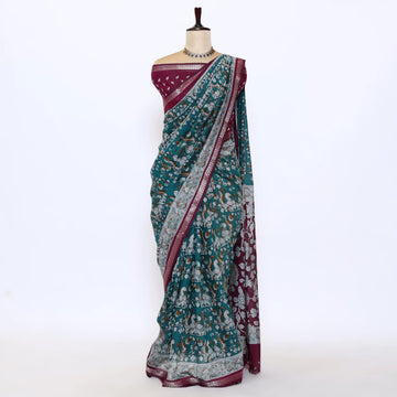 Teal Semi Chanderi Sarees for Women | Temple Visits & Summer Events Collection | Jeyachandran - Full View
