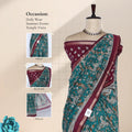 Teal Semi Chanderi Saree with Floral Vine Print and Zari Border on Mannequin - Front View