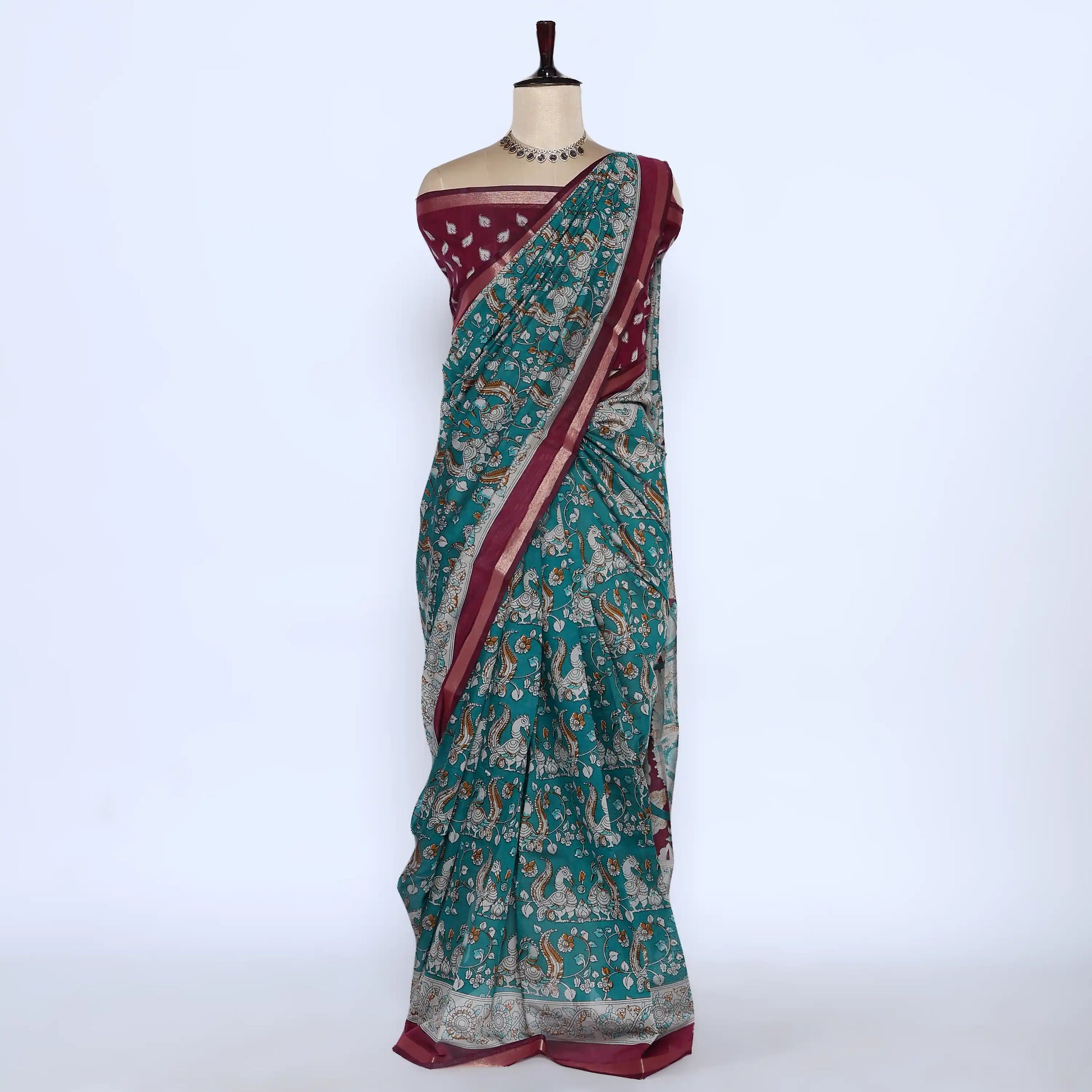 Teal Semi Chanderi Sarees for Women | Temple Visits & Summer Events Collection | Jeyachandran - Full View
