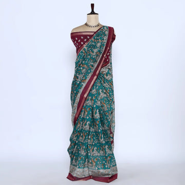 Teal Semi Chanderi Sarees for Women | Temple Visits & Summer Events Collection | Jeyachandran - Full View
