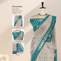 Cream Semi Chanderi Saree with Butti Print Floral Zari Border and Contrast Teal Blouse on Mannequin - Front View