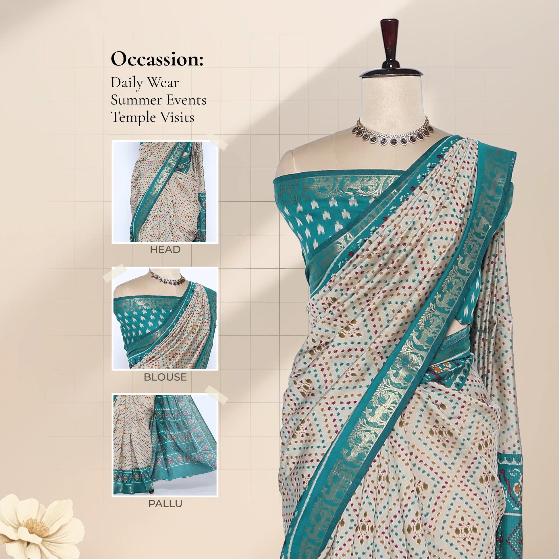 Cream Semi Chanderi Saree with Butti Print Floral Zari Border and Contrast Teal Blouse on Mannequin - Front View