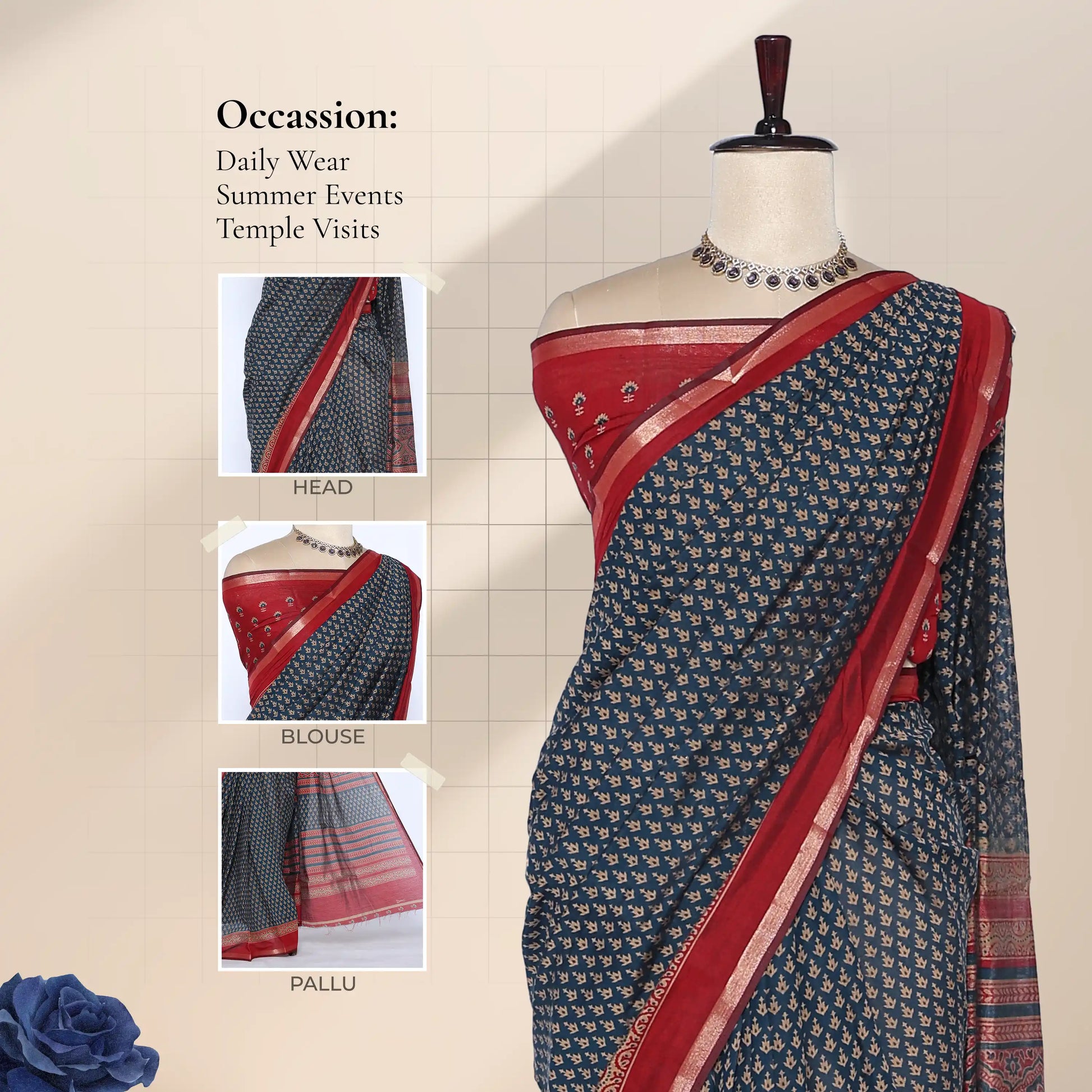 Teal Semi Chanderi Saree with Butti Print and Red Zari Border on Mannequin - Front View