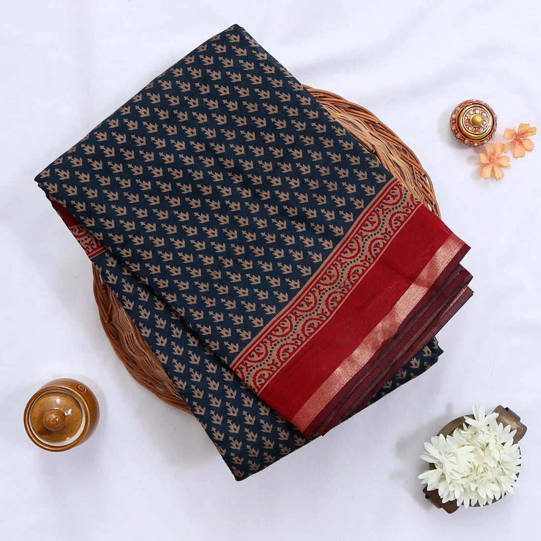 Teal Semi Chanderi Sarees for Women | Temple Visits & Summer Events Collection | Jeyachandran - Full View
