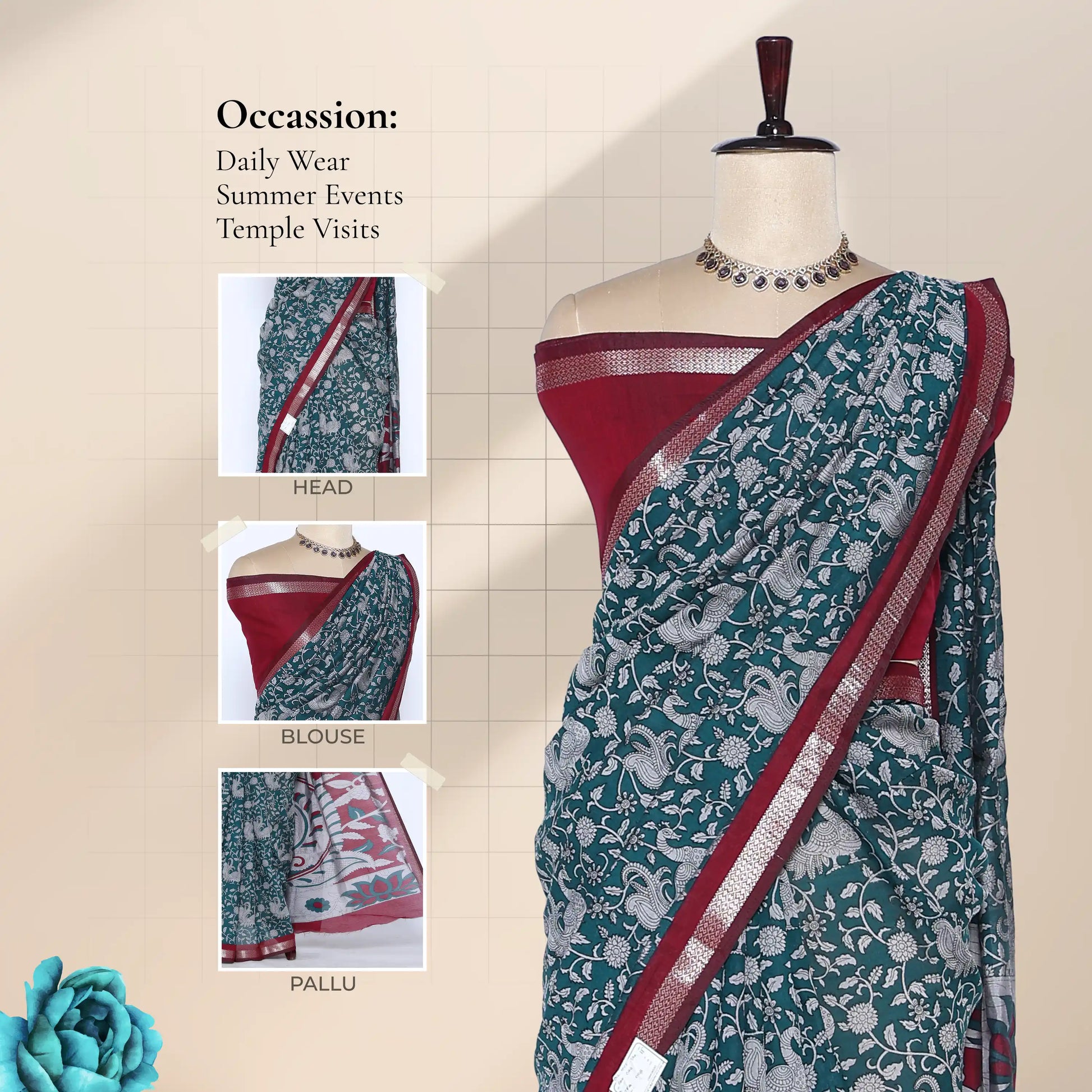 Teal Semi Chanderi Saree with Floral Vine Print and Red Zari Border on Mannequin – Front View