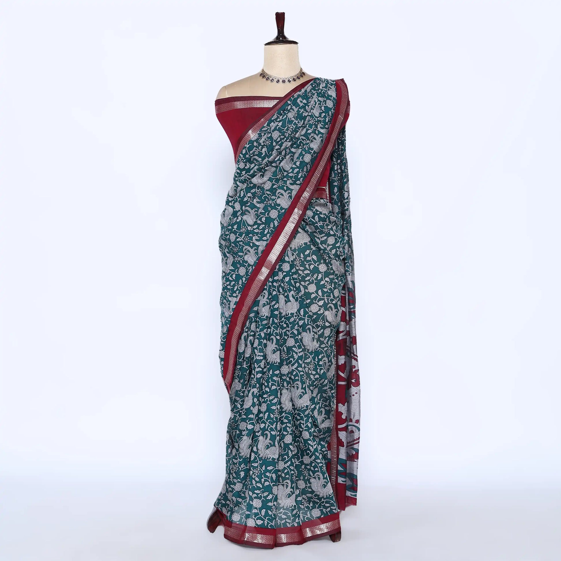 Teal Semi Chanderi Sarees for Women | Temple Visits & Summer Events Collection | Jeyachandran - Full View
