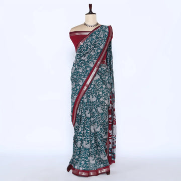 Teal Semi Chanderi Sarees for Women | Temple Visits & Summer Events Collection | Jeyachandran - Full View
