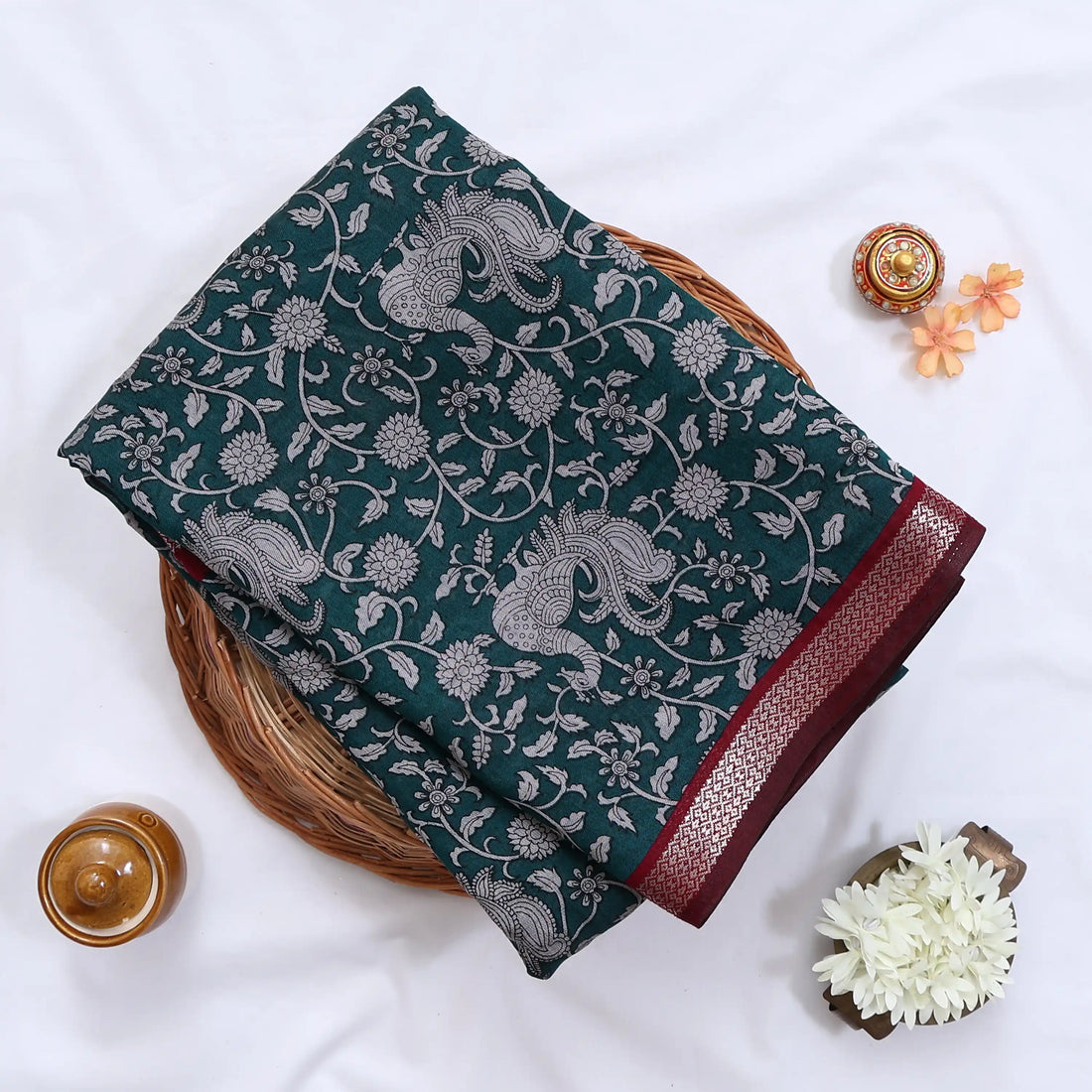 Teal Semi Chanderi Sarees for Women | Temple Visits & Summer Events Collection | Jeyachandran - Full View
