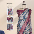 Semi Chanderi saree with cow motif print white and teal body purple woven border front view on mannequin