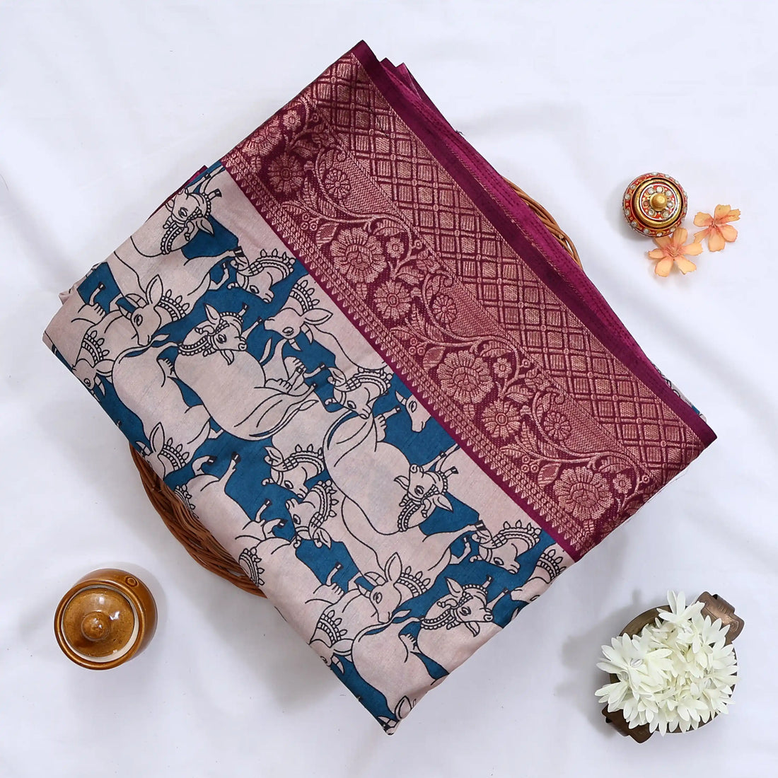 Teal Semi Chanderi Sarees for Women | Temple Visits & Summer Events Collection | Jeyachandran - Full View
