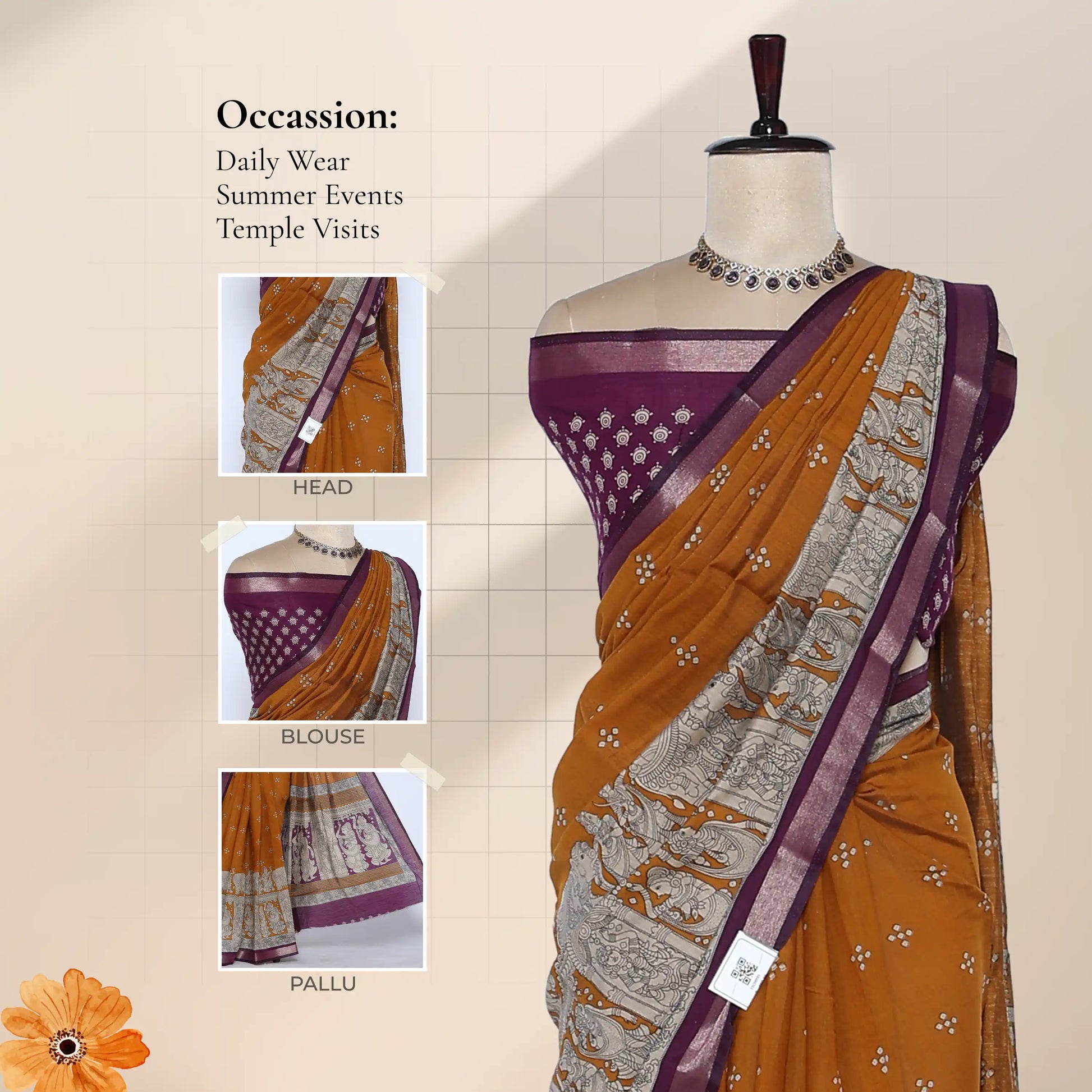 Yellow Semi Chanderi Saree with Peacock & Floral Zari Border and Traditional Temple Art Print - Front View
